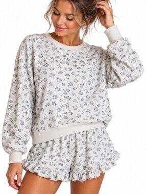 Newme Short Set Women Small White Blue Floral Ruffle Sweatshirt‎ Coquette Girl